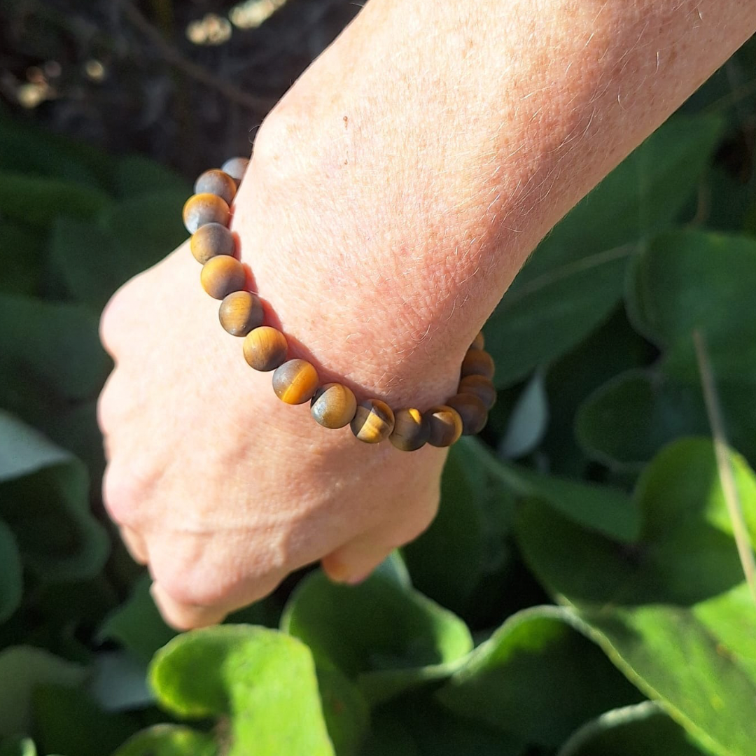 Matte Golden Tiger Eye Round Bead Bracelet with Accent