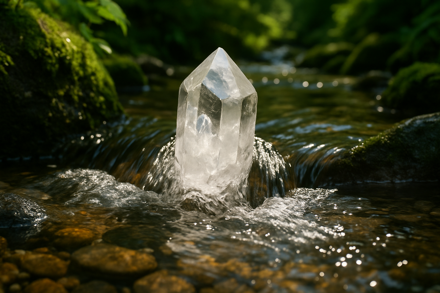 A raw clear piece of clear quarts being rinsed in a brook
