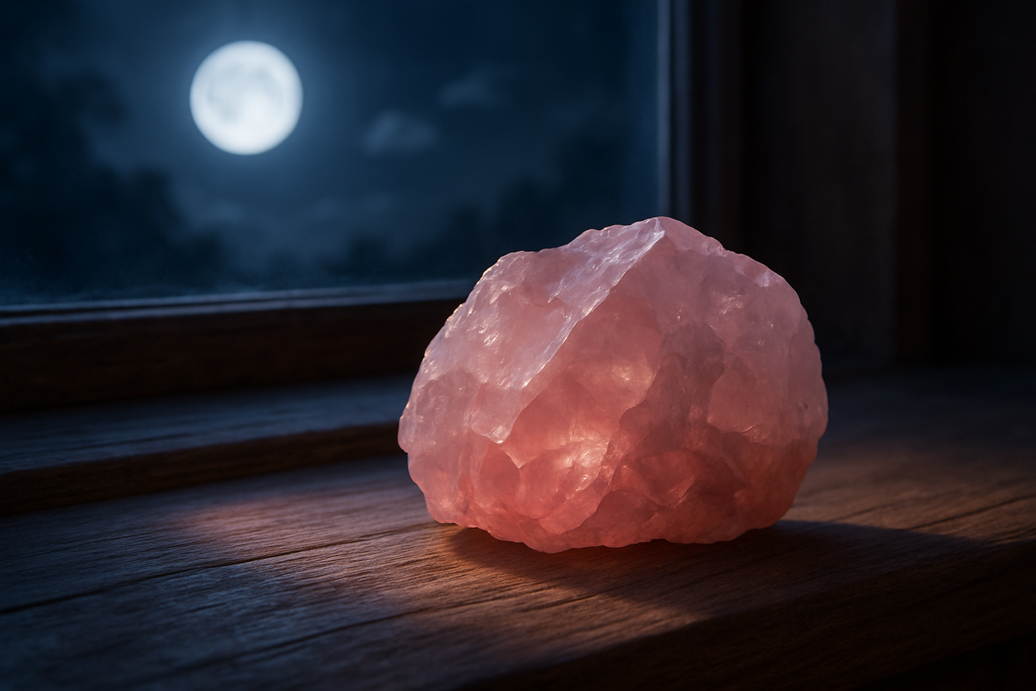 A raw rose quarts crystal on a windowsill under moonlight