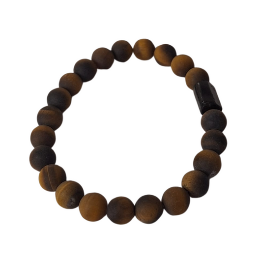 Matte Golden Tiger Eye Round Bead Bracelet with Accent