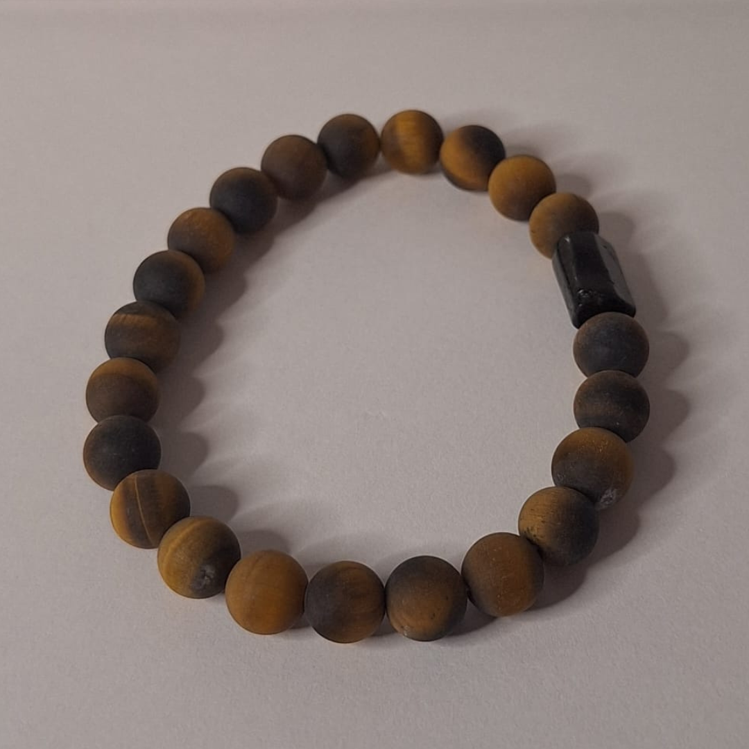 Matte Golden Tiger Eye Round Bead Bracelet with Accent