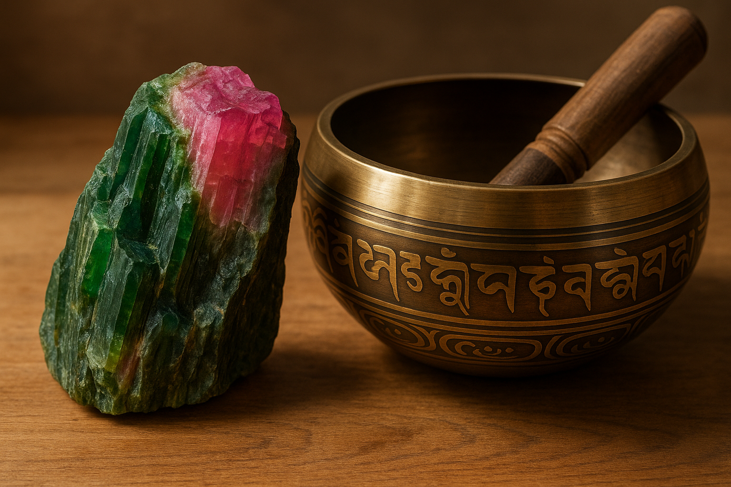 A raw piece of Tourmaline next to a Tibetan singing bowl