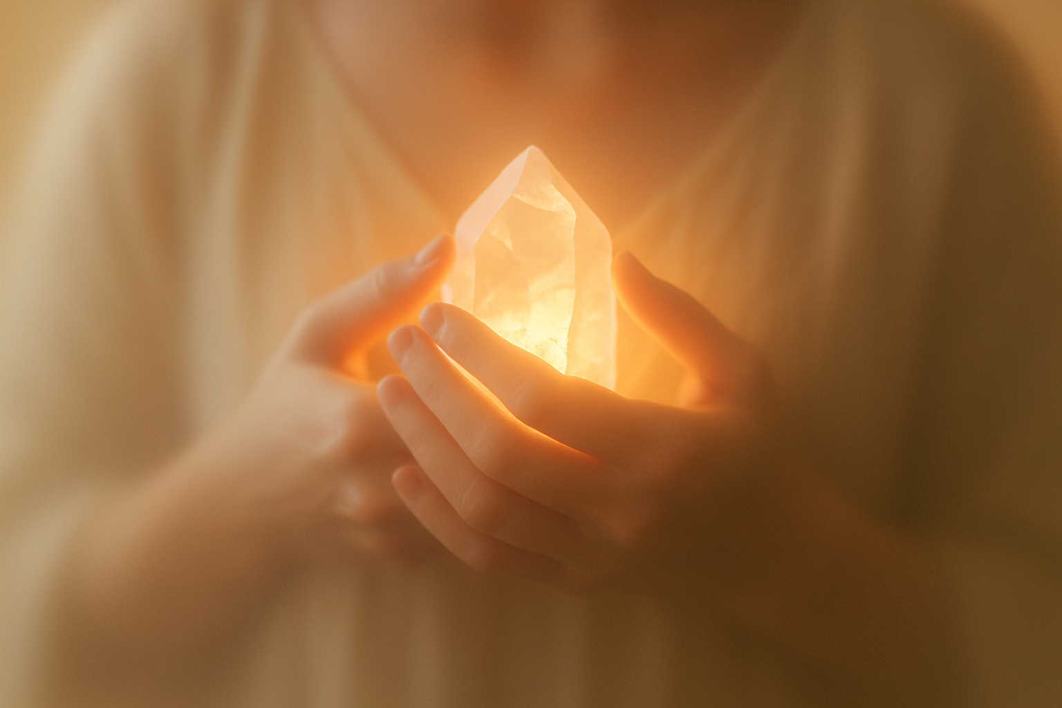 soft-focus image of hands cupping a crystal over heart
